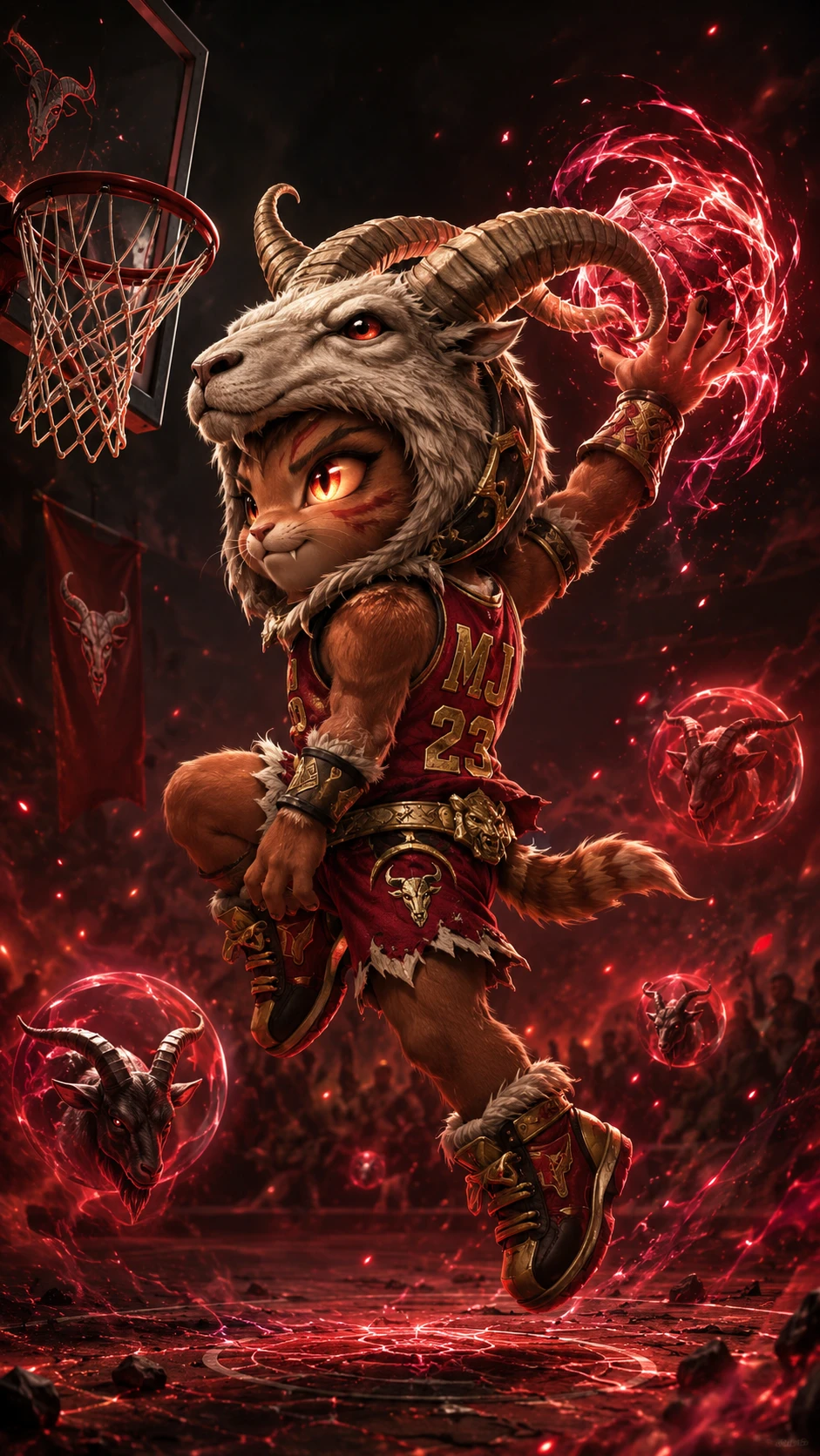 Guerrero felino chibi de baloncesto haciendo un mate en cancha fantástica