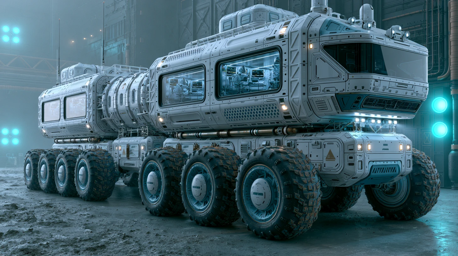 Futuristic exploration rover in a sci fi hangar studio