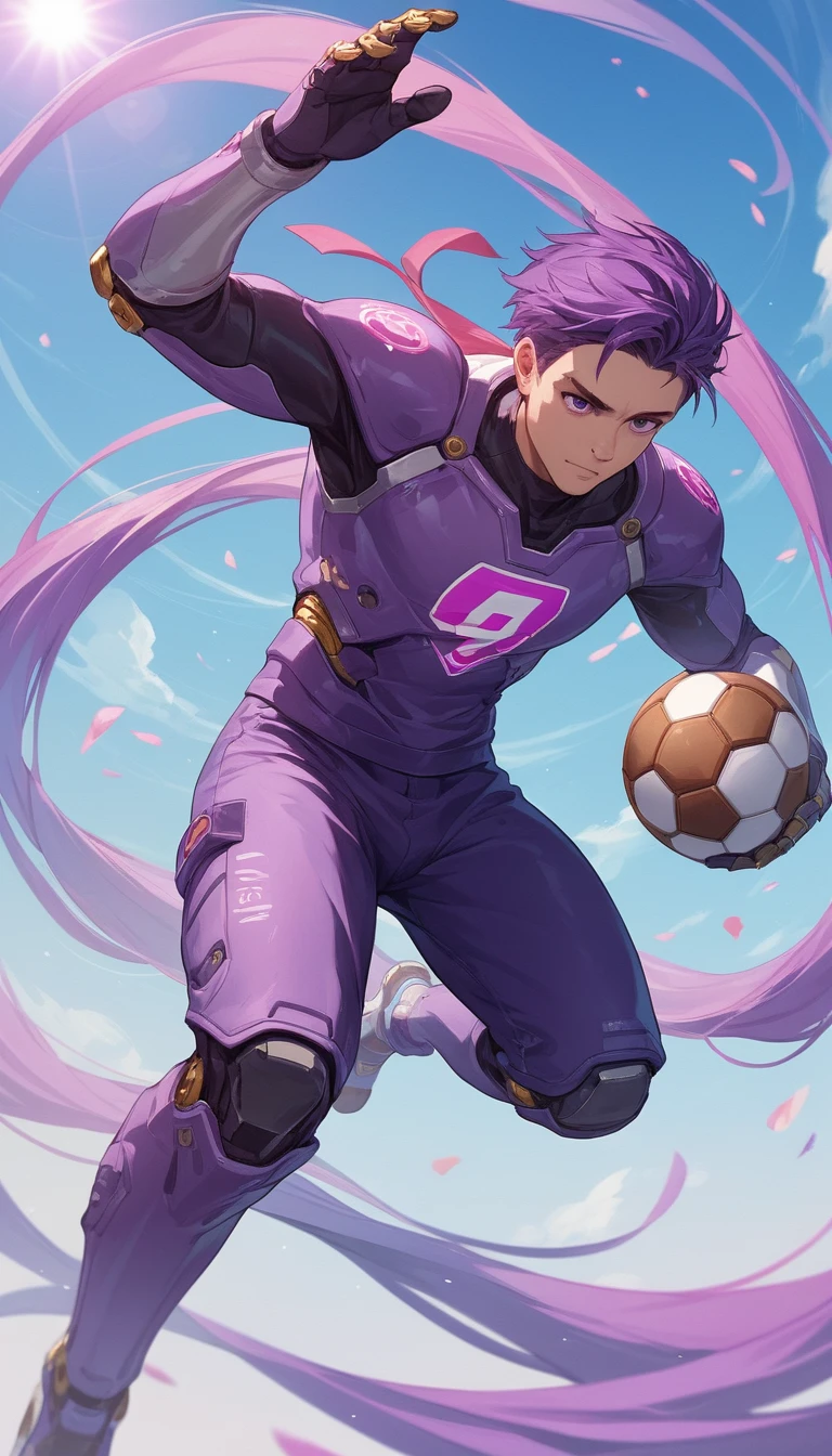 Niño jugando al fútbol en escena futurista abstracta ultravioleta