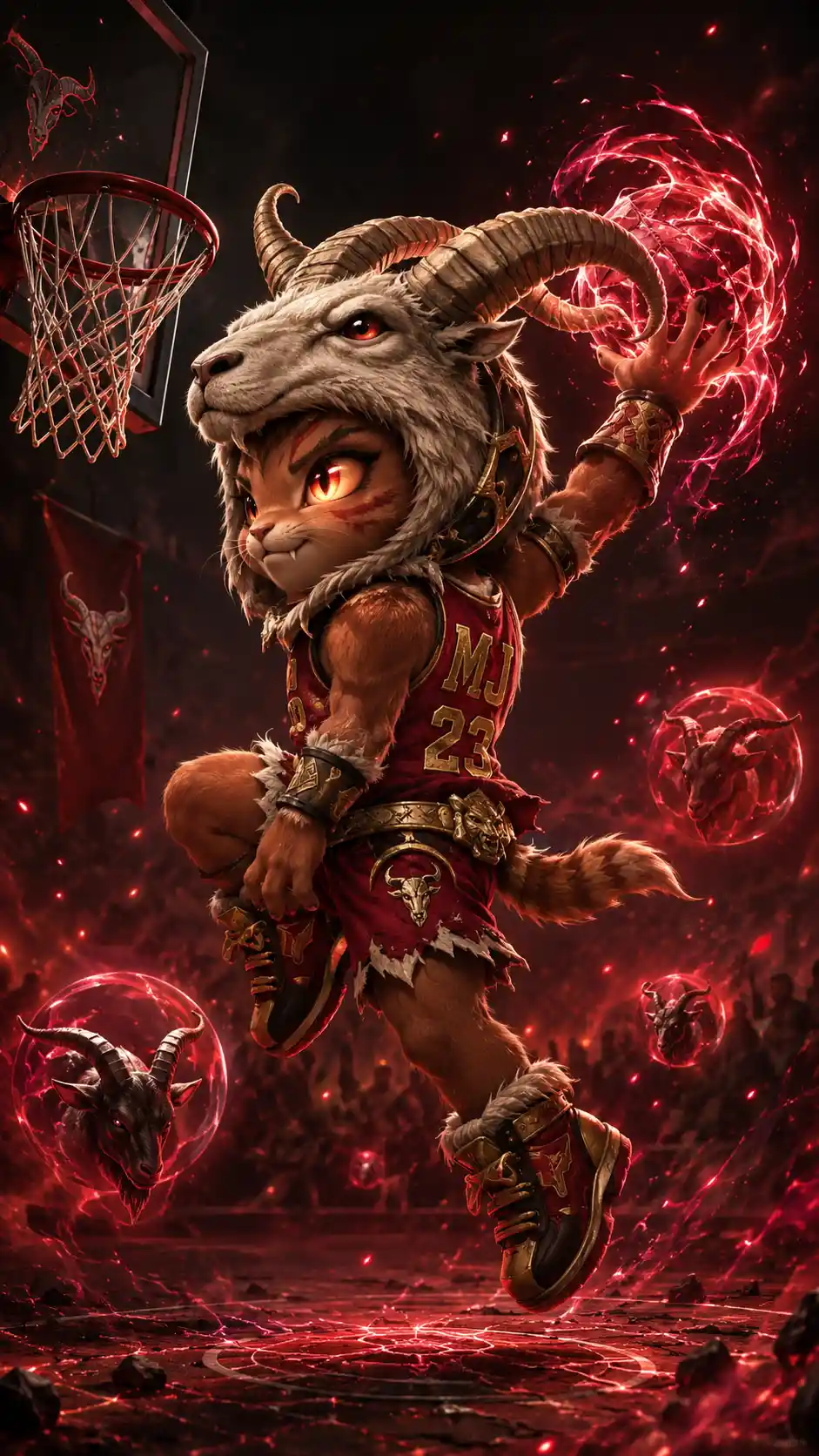Feline Chibi-Basketballkrieger beim Dunk auf Fantasy-Court