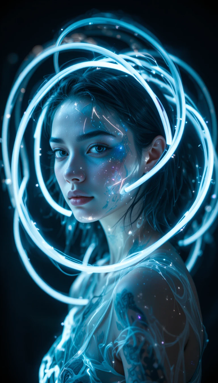 Retrato de mujer rodeada de estelas de luz neón en espiral