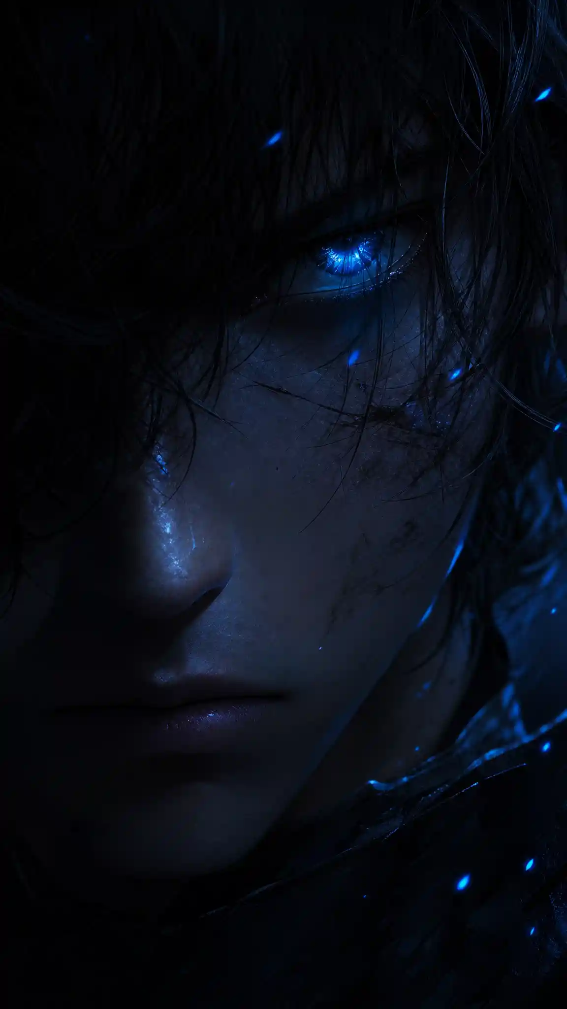 Jeune homme avec un œil bleu lumineux en gros plan dans l’obscurité