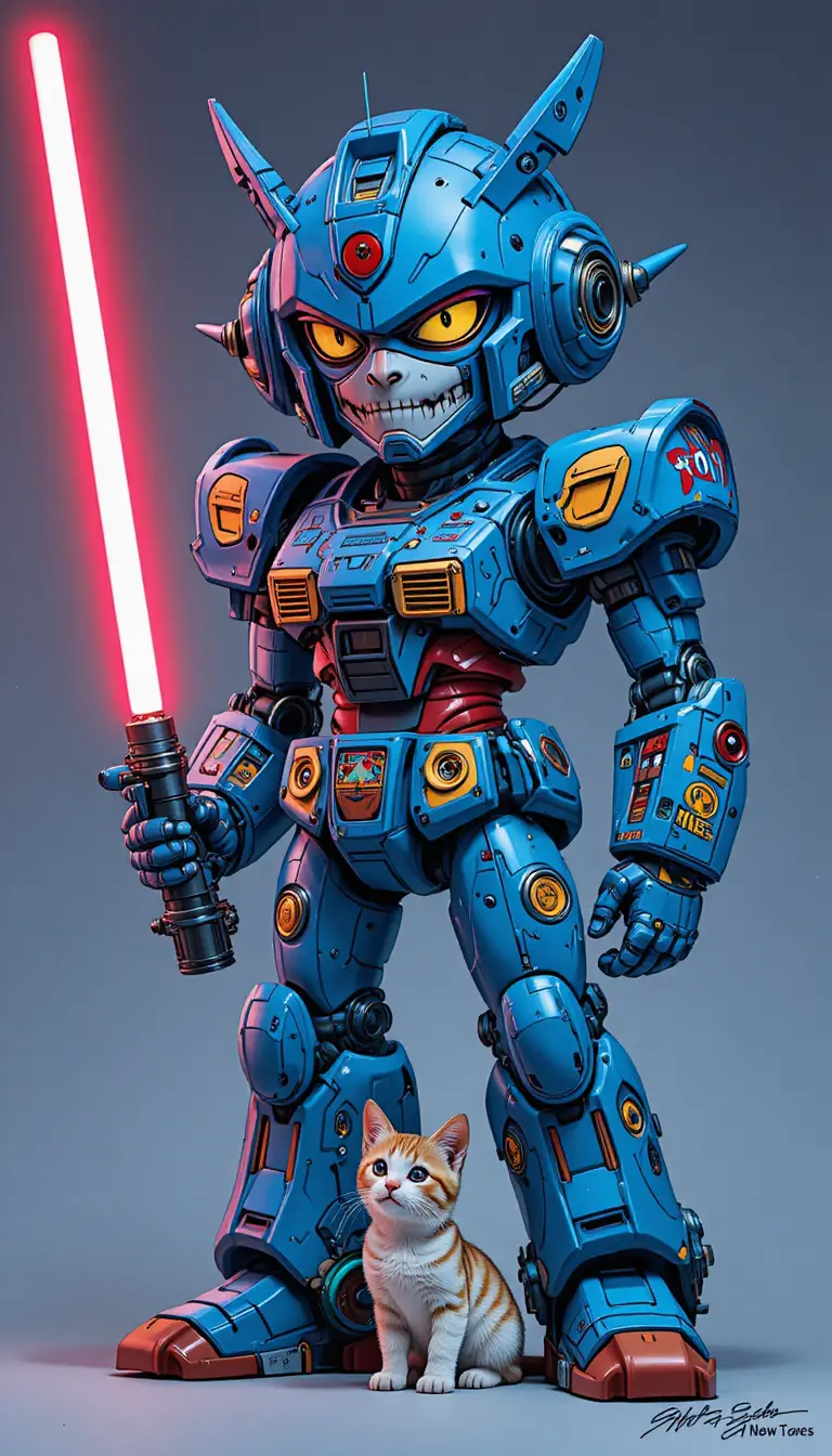 Robot anime avec sabre laser lumineux et chaton joueur