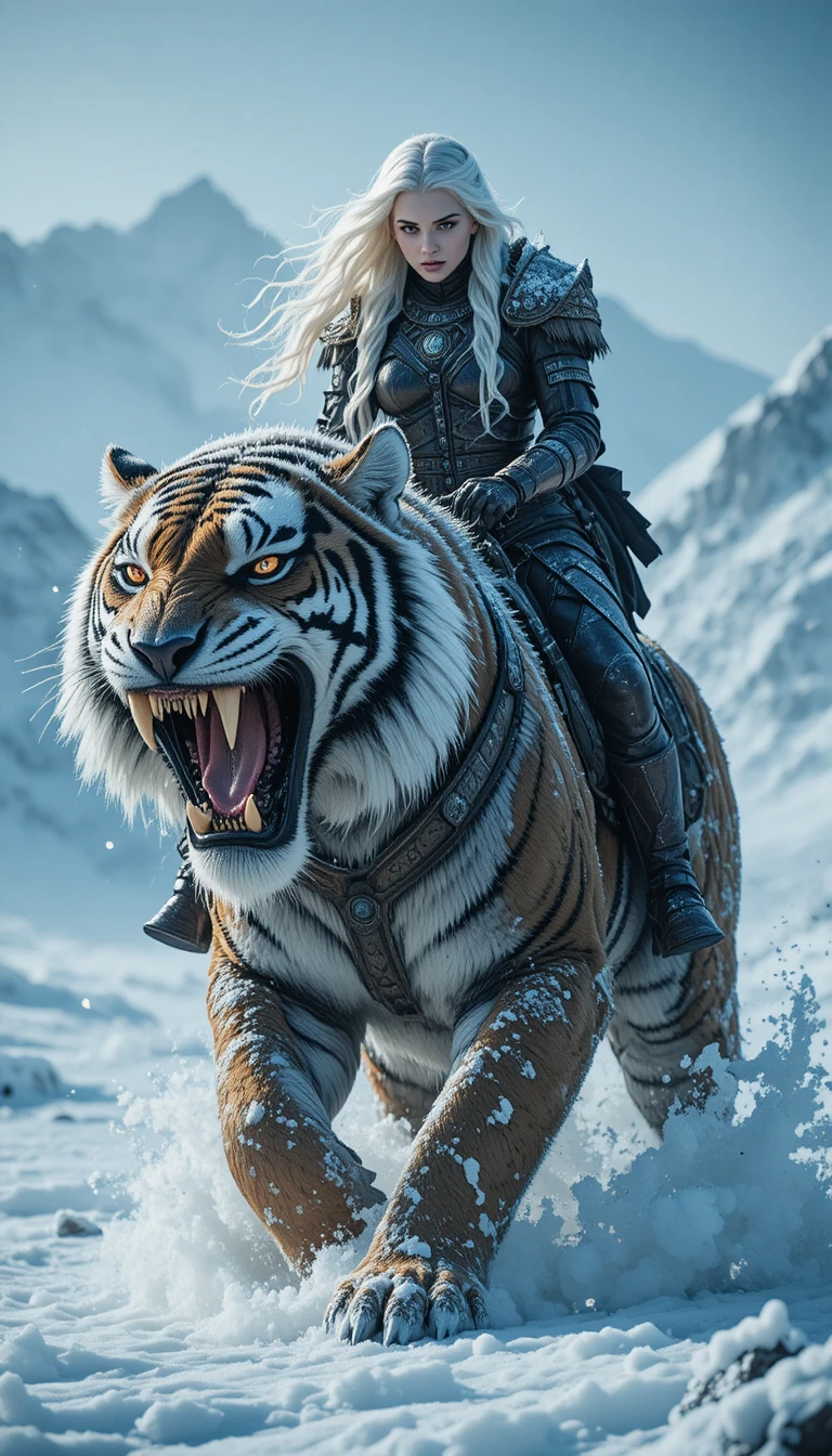 Guerrera nórdica montando un tigre dientes de sable en la nieve