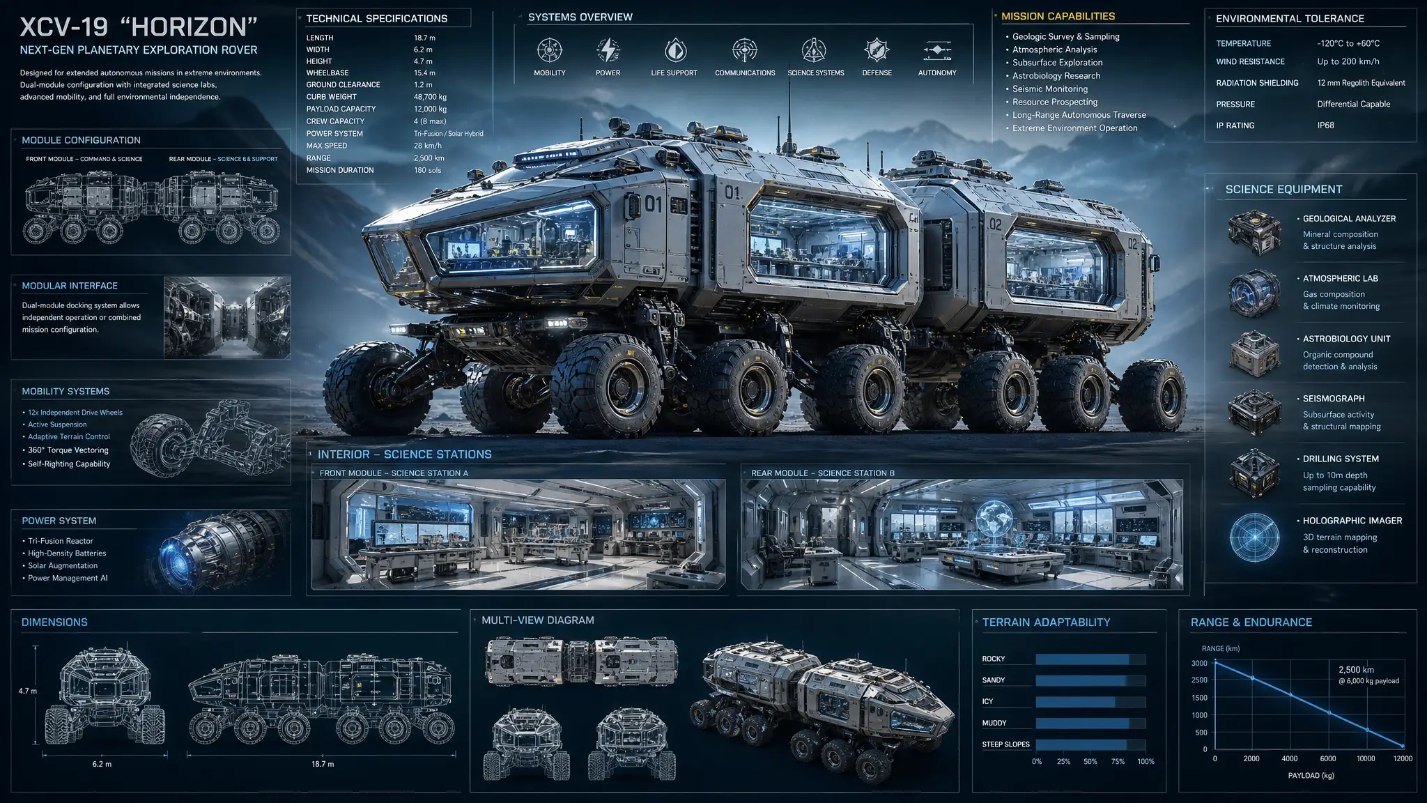 Schéma d’ingénierie 3D futuriste d’un rover d’exploration modulaire