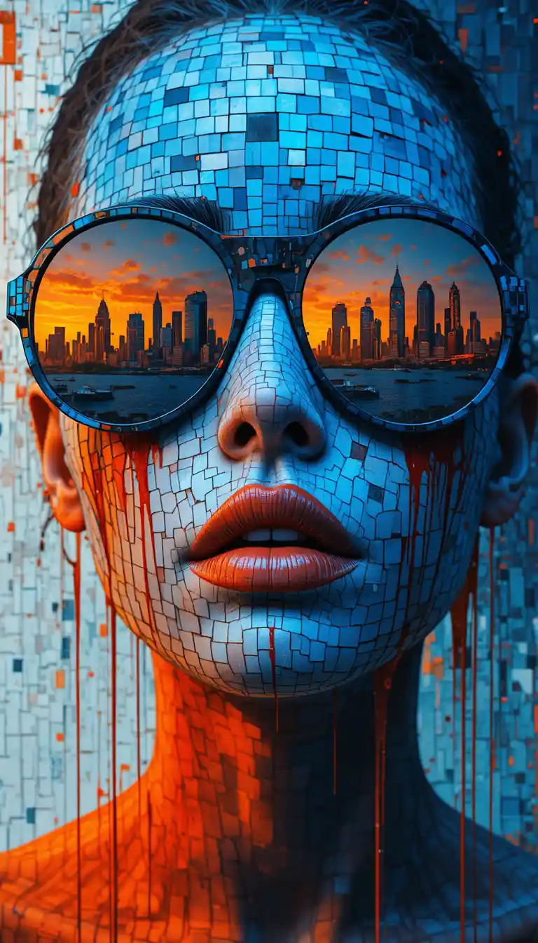 Retrato abstrato azul com rosto em mosaico e óculos de sol