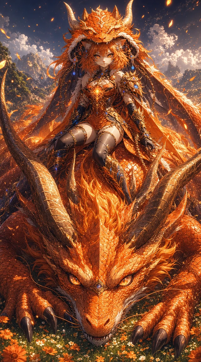 Dragón Naranja Gigante con Valiente Gato Guerrero como Jinete