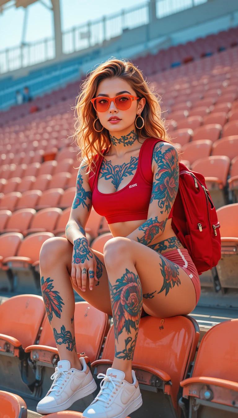 Mujer tatuada sentada en las gradas luminosas y vacías de un estadio