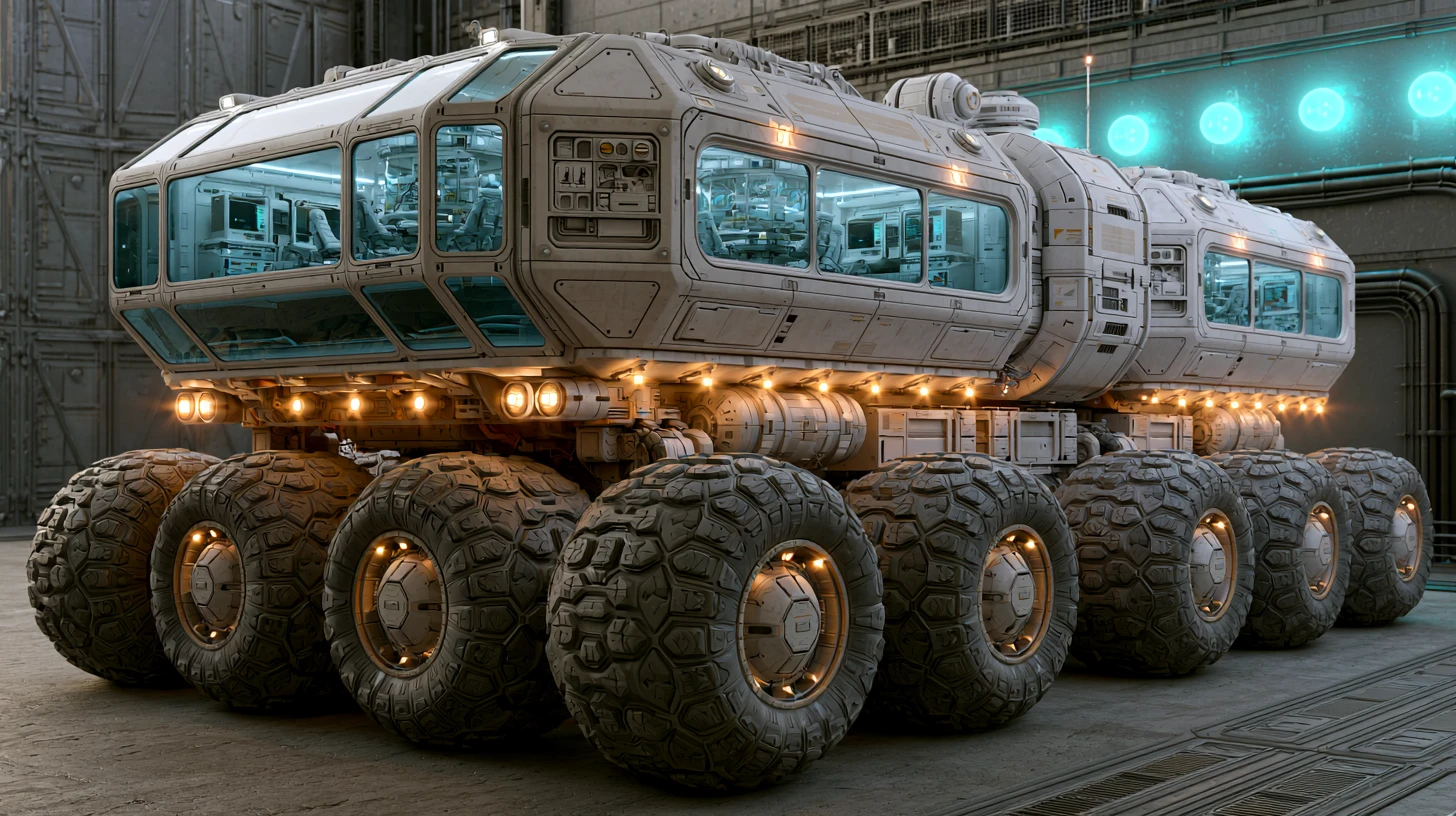 Futuristic Exploration Rover In Industrial Studio Hangar