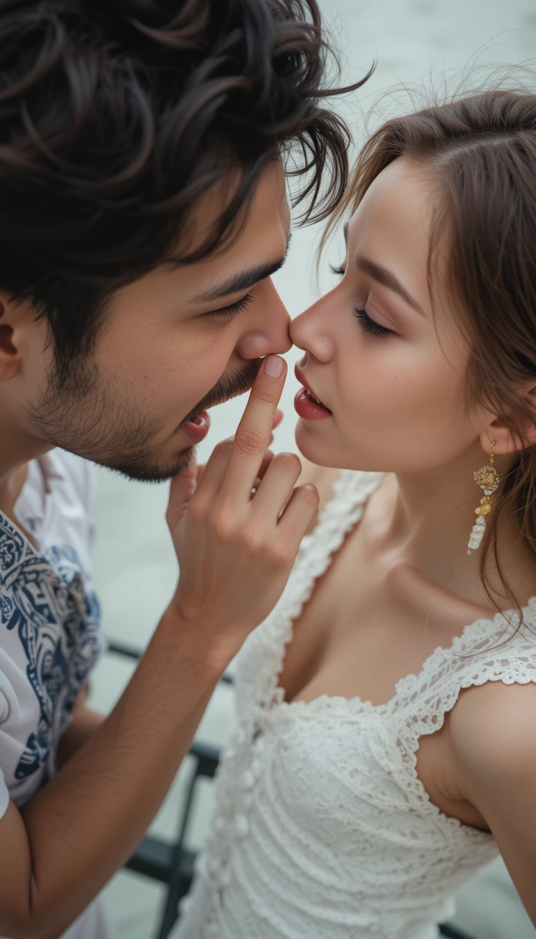 Pareja juguetona en primerísimo plano con expresión coqueta