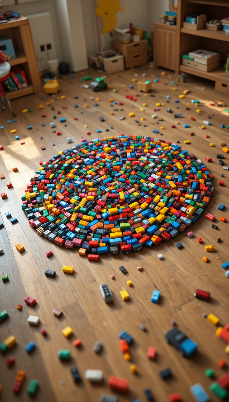 Arreglo colorido de logotipos de autos LEGO sobre piso de madera