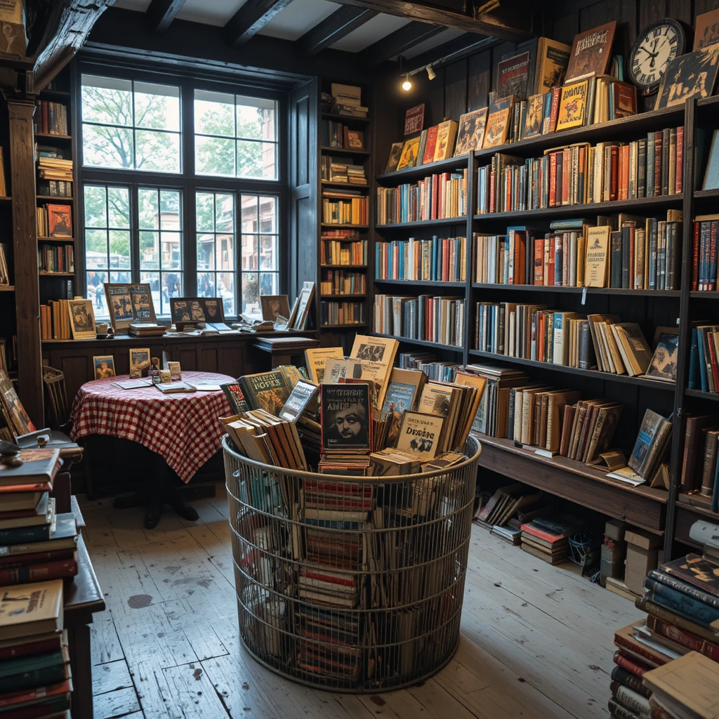 Acogedor interior de librería de segunda mano con caja de libros en oferta