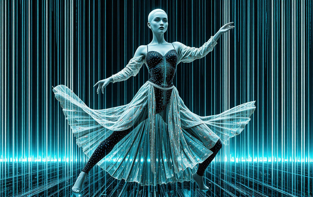 Mujer surreal con aspecto alienígena bailando entre distorsiones glitch