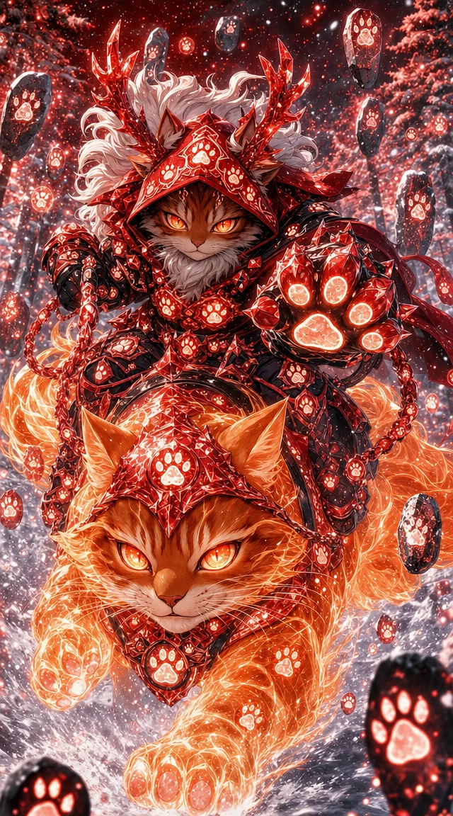 Guerrero felino heroico con armadura de cristal montando corcel espiritual