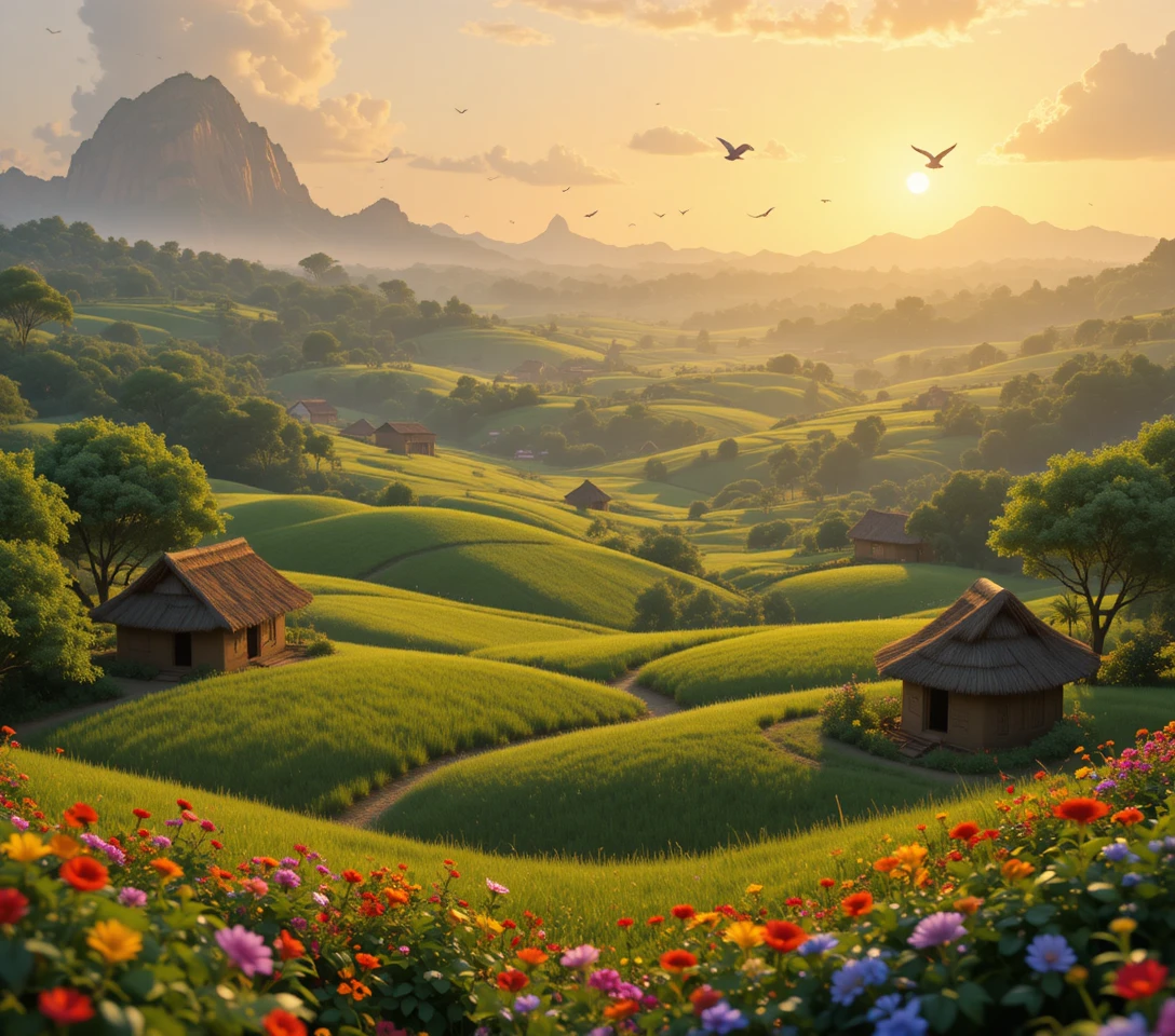Amanecer colorido en un pueblo indio con estilo animado 3D