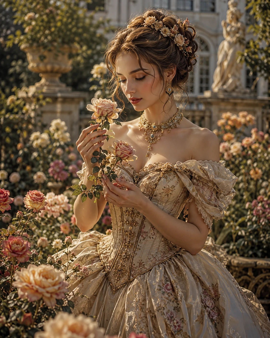 Joven dama barroca sosteniendo flores en el jardín de una finca
