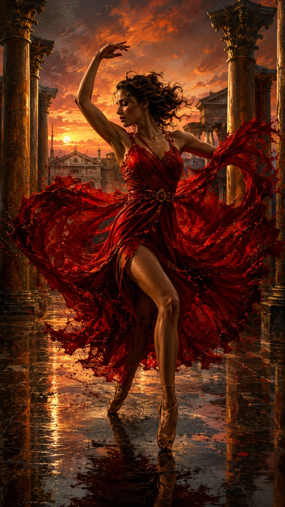 Bailarina girando con vestido carmesí en un foro antiguo