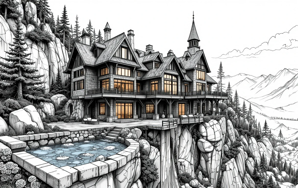 Casa de montaña fantástica con piscinas en cascada sobre el acantilado