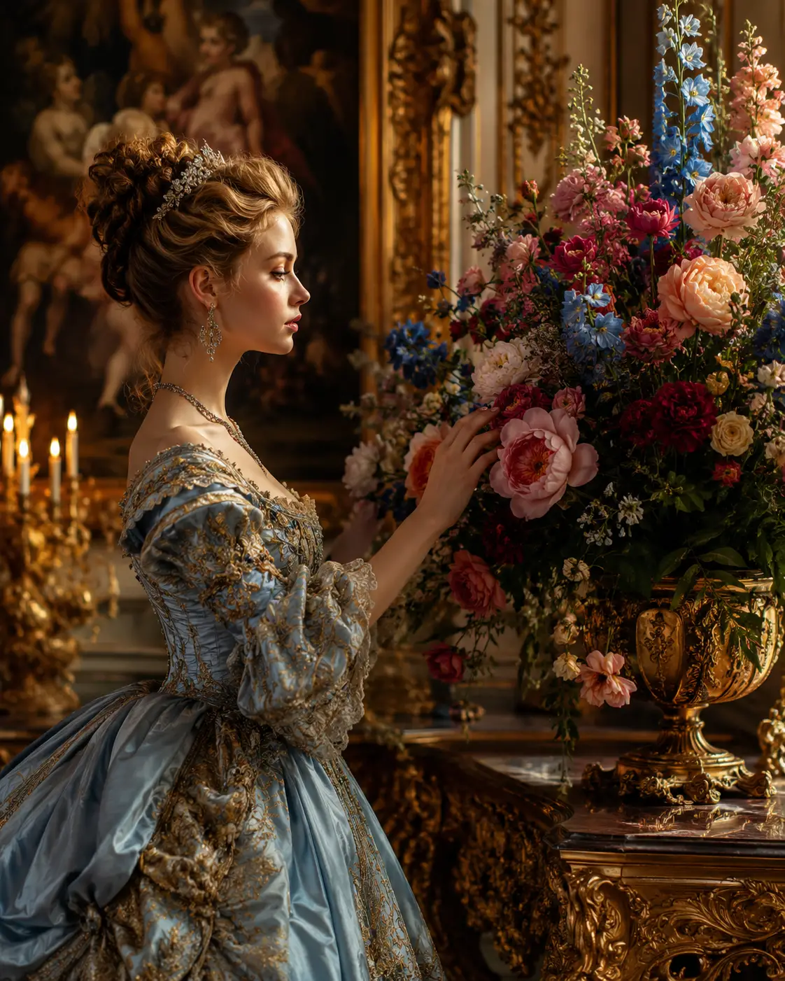 Jeune femme baroque admirant une somptueuse composition florale