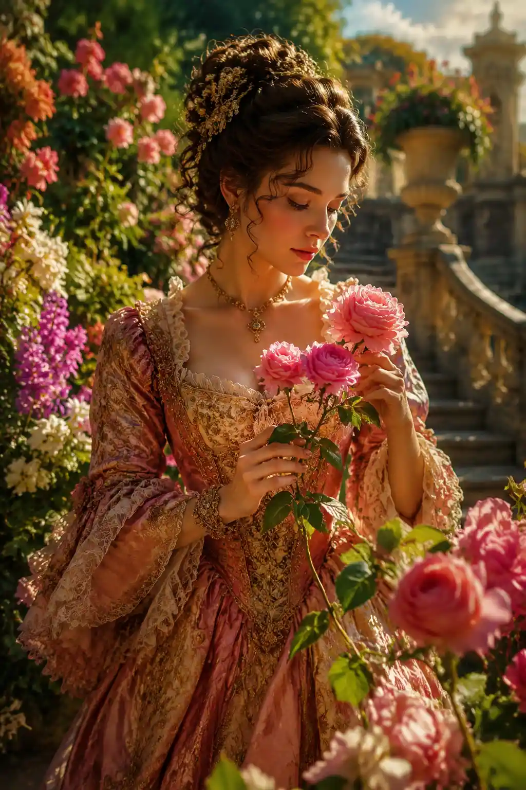 Jeune dame baroque tenant des fleurs dans un jardin fleuri