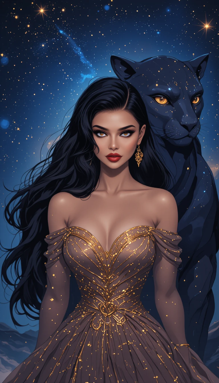 Mujer de anime con pantera negra bajo un cielo estrellado