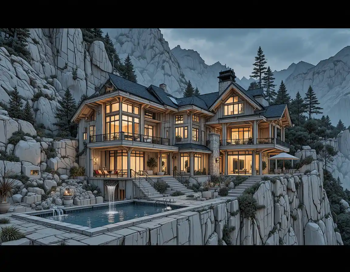 Fantasy mountain castle retreat with cascading water