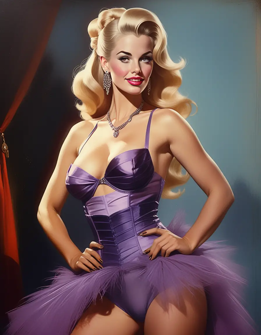 Courtisane blonde platine en mode baroque, pose pin-up