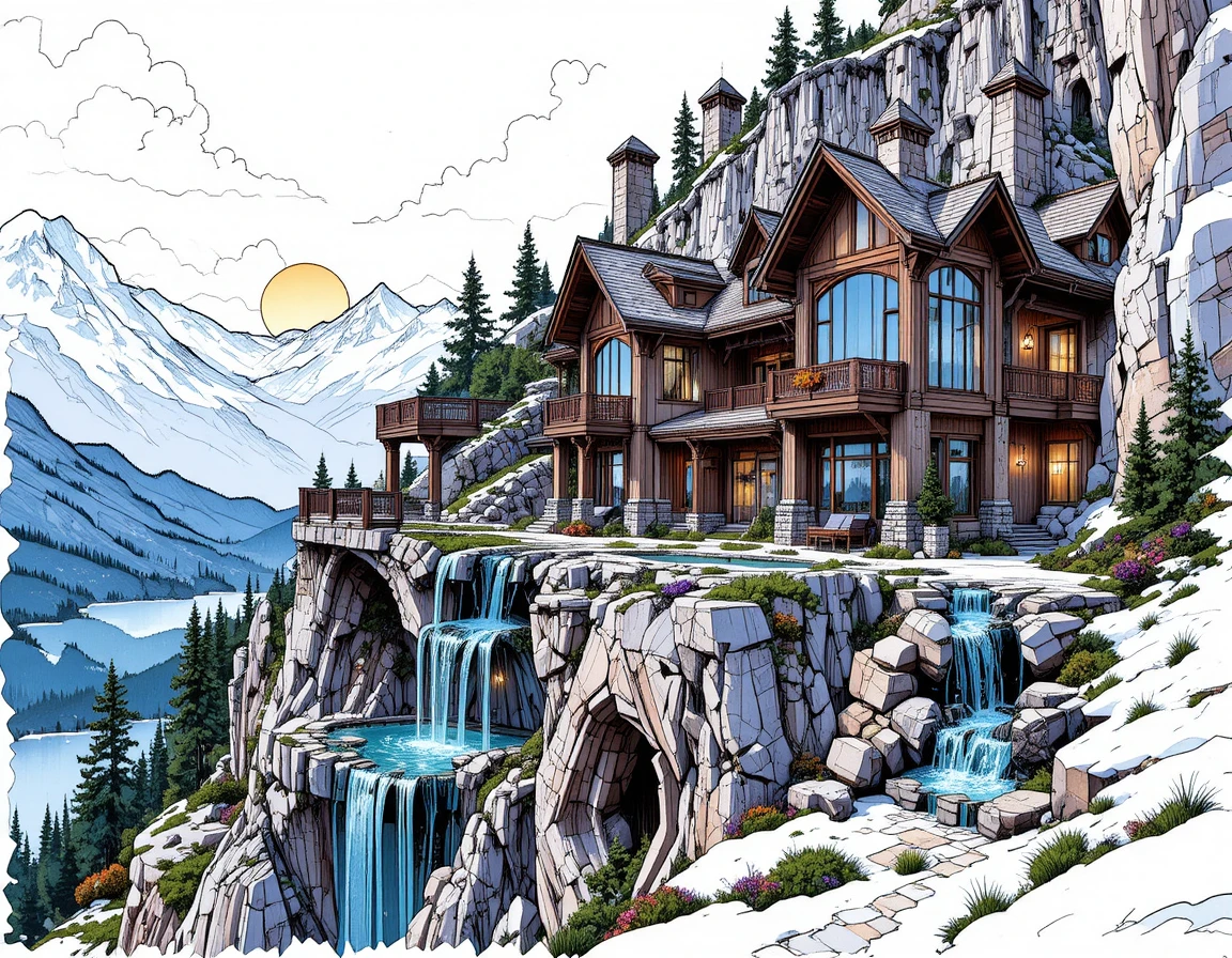 Casa di montagna fantasy con piscine a cascata sulla scogliera