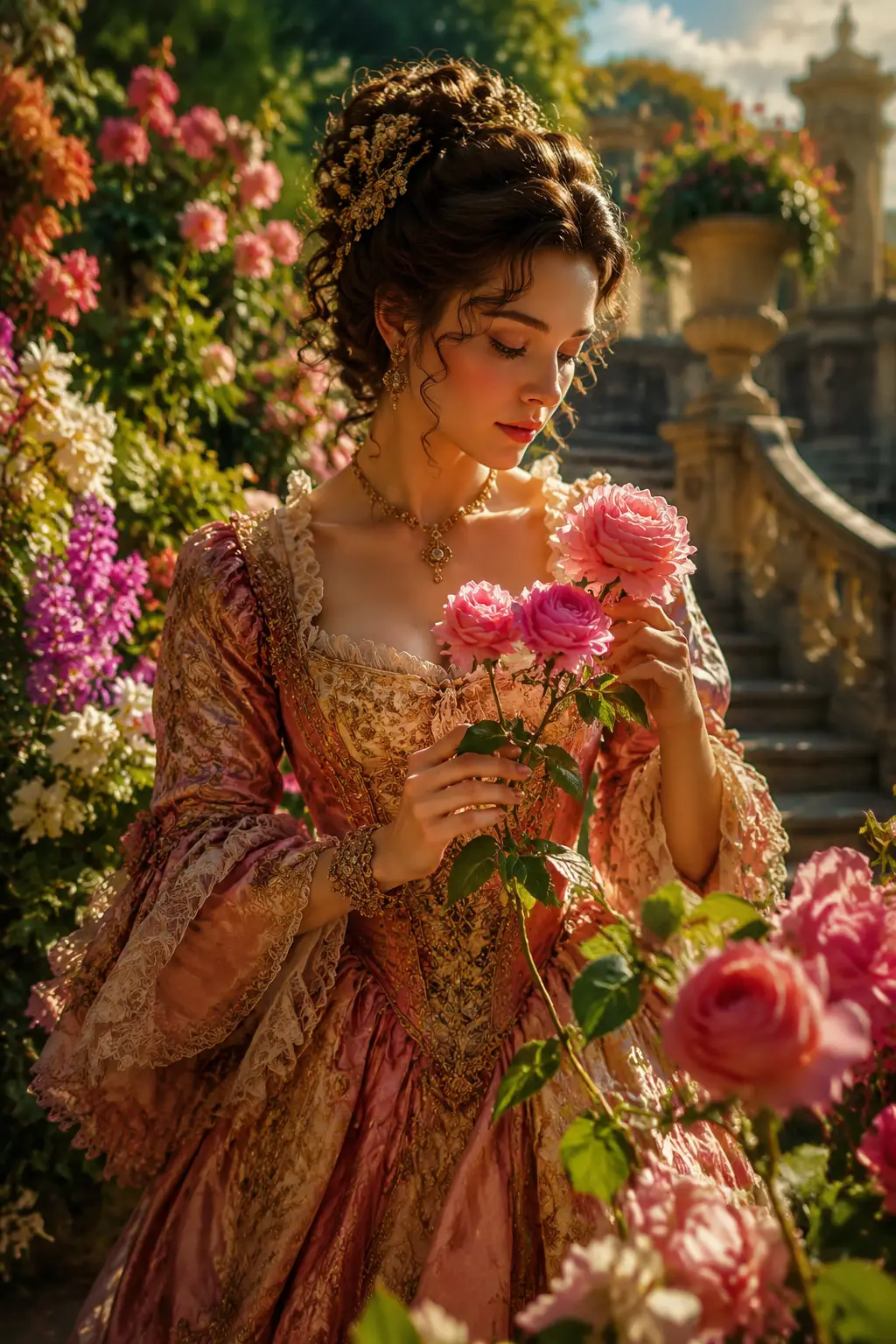 Jeune dame baroque tenant des fleurs dans un jardin fleuri