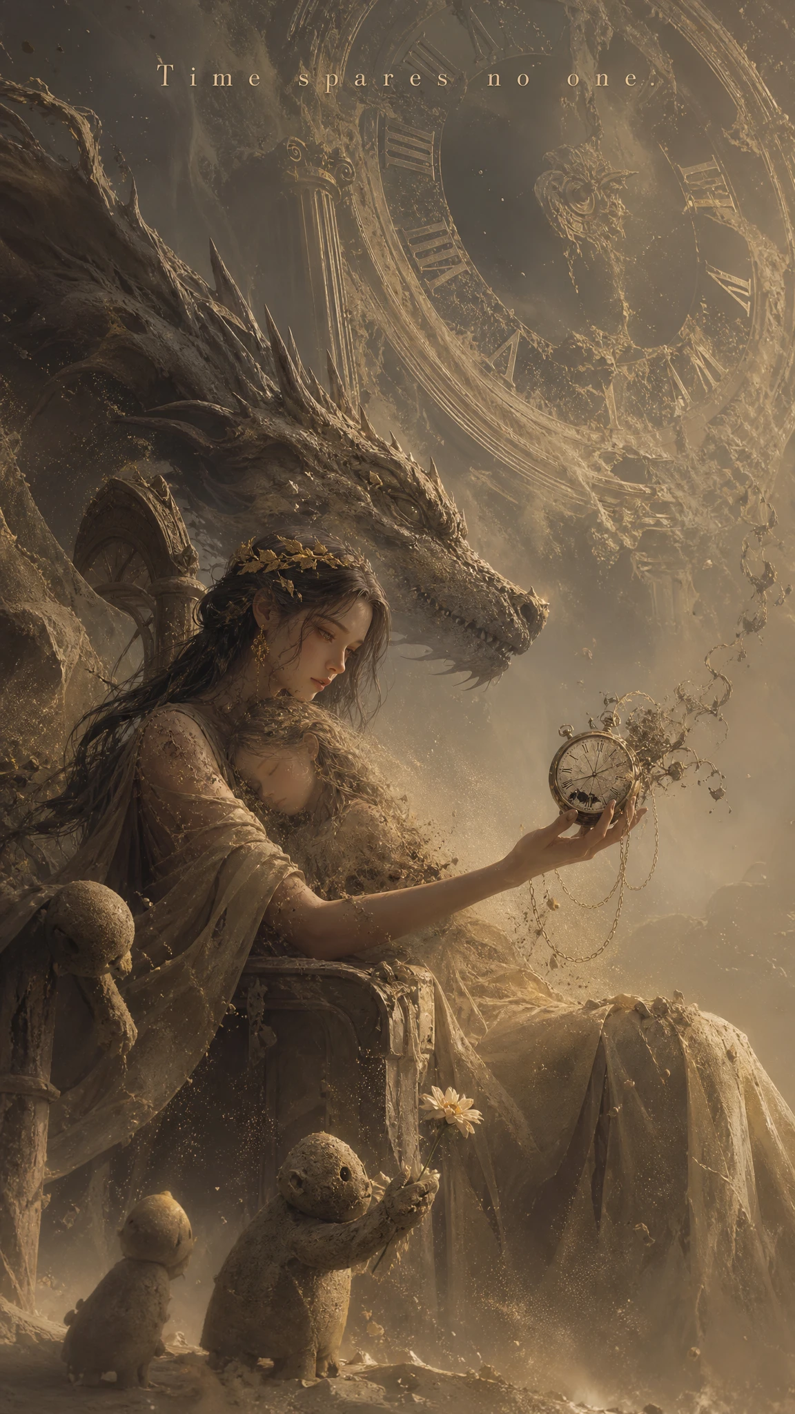 Chica en silla de arena junto a un dragón en escena 3D cinematográfica
