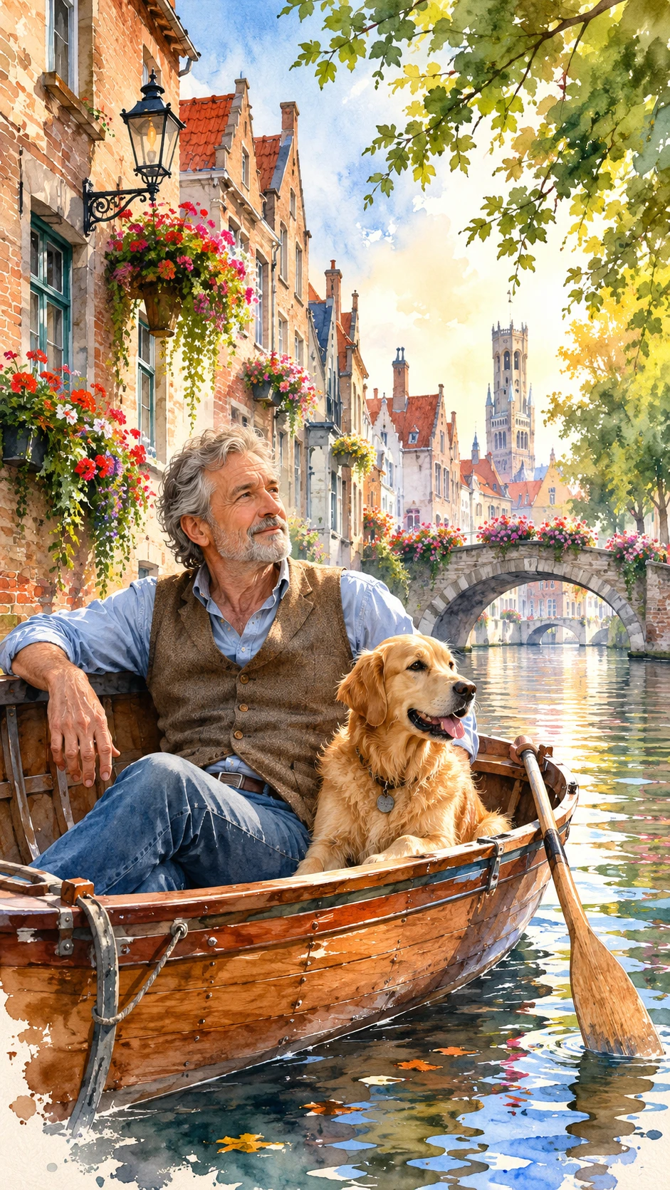 Hombre mayor remando con un perro en un canal tranquilo