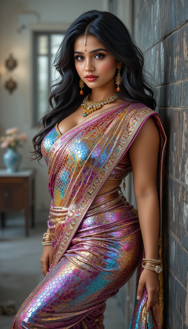 Mujer tamil con sari reflectante posando en interiores