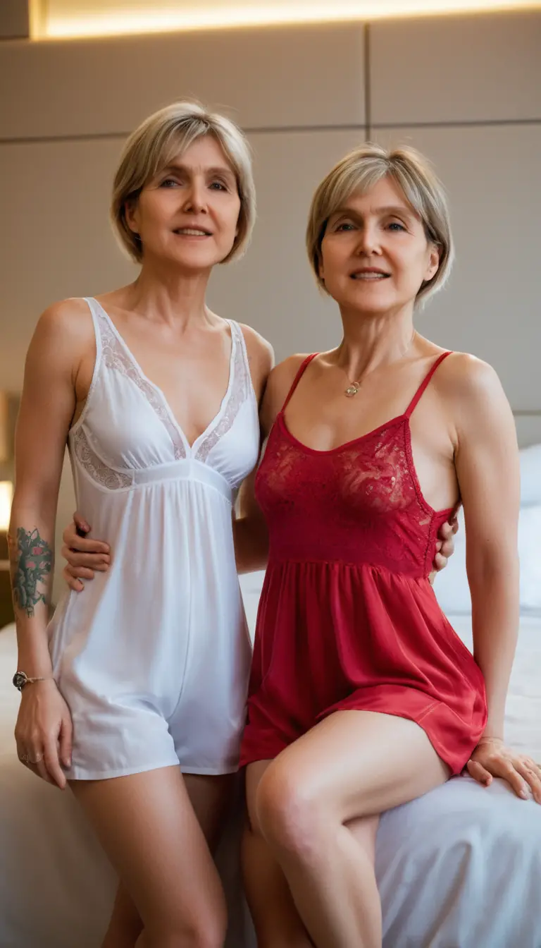 Two women in sheer babydolls in a luxury hotel room