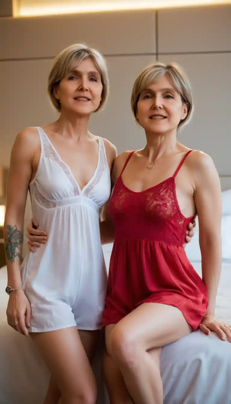 Two women in sheer babydolls in a luxury hotel room