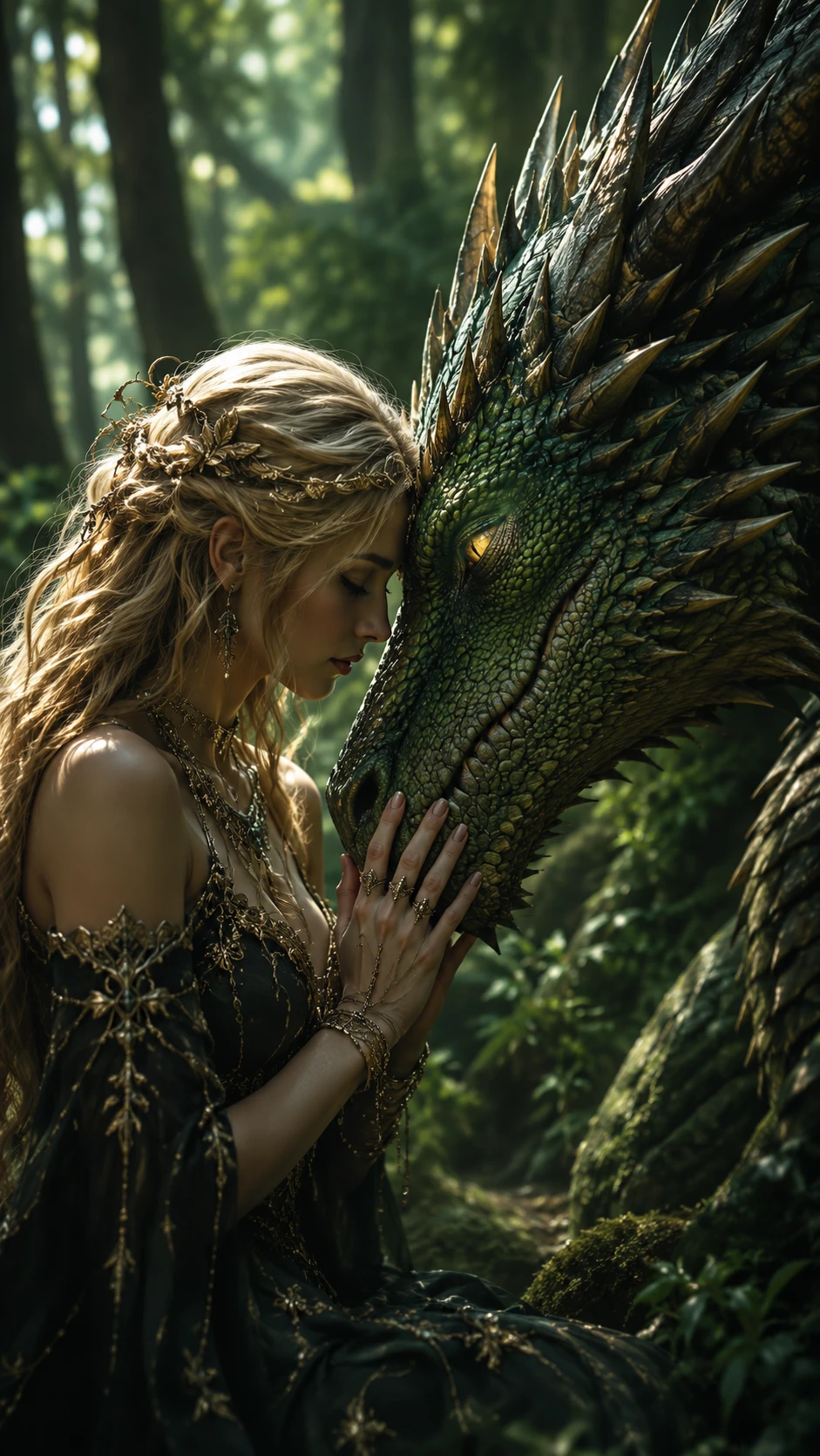 Woman And Dragon Sharing A Quiet Forest Moment