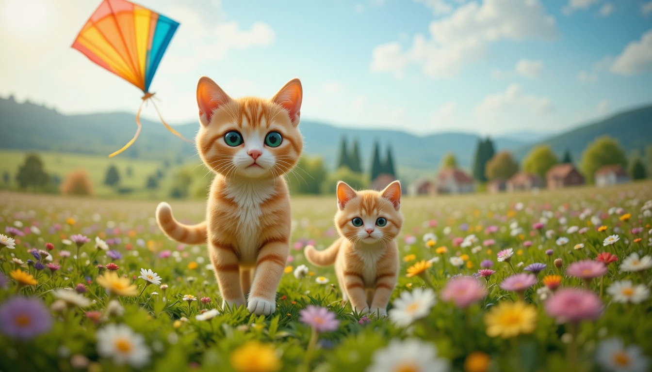 Gata madre y gatito caminando por un prado de flores