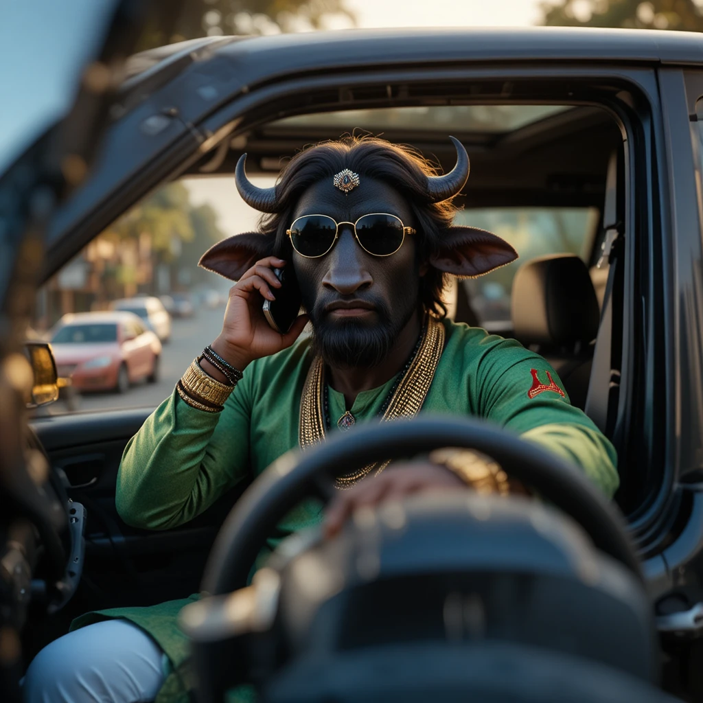 Búfalo con kurta verde conduciendo un SUV negro al atardecer