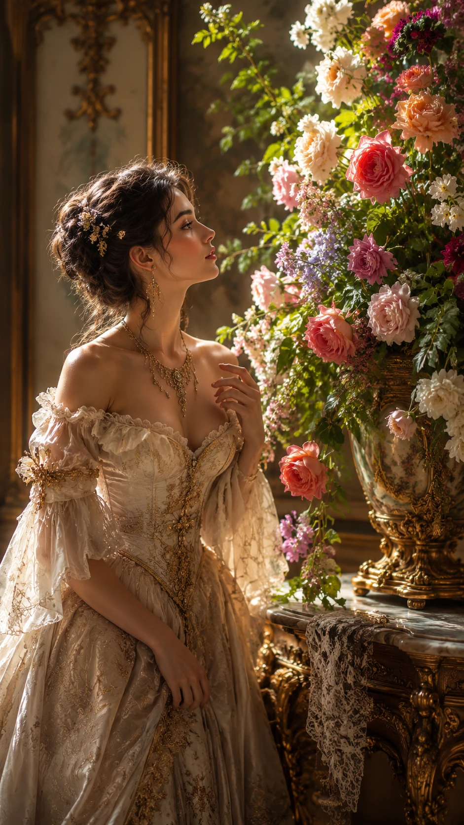 Baroque lady admiring a lush floral arrangement