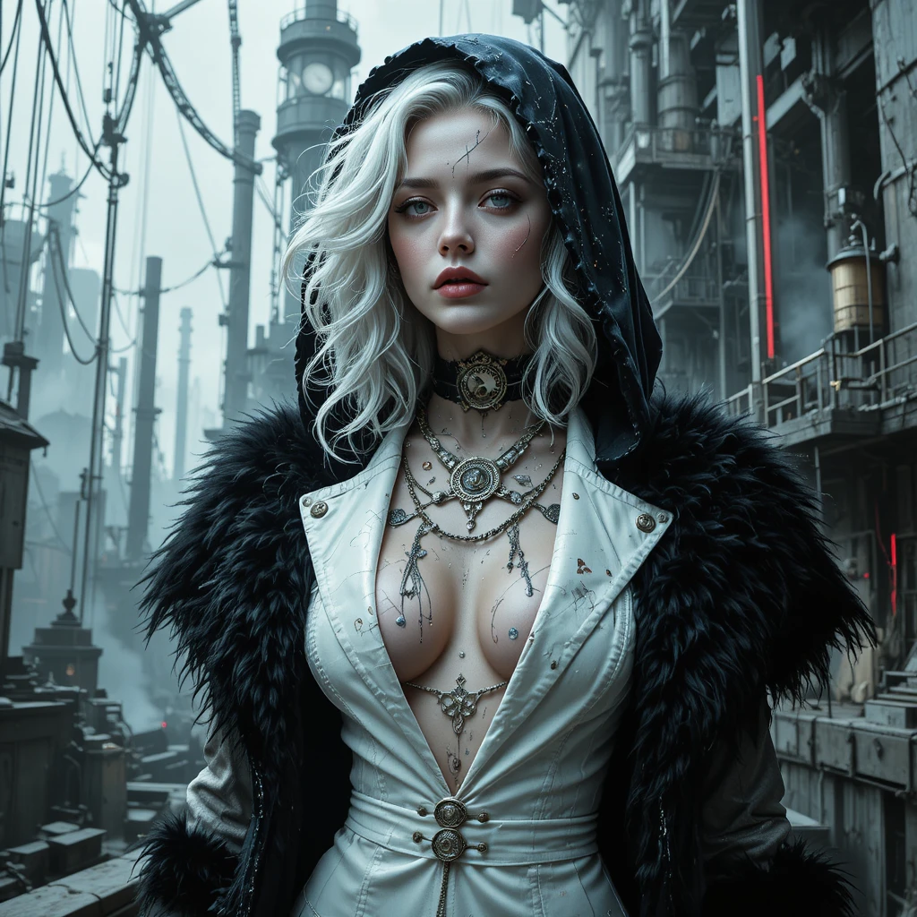 Heroína cyberpunk fusionándose con un mundo digital en colapso
