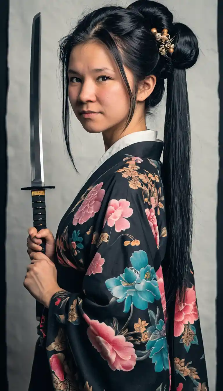 Mujer asiática tatuada arrodillada con una katana en estudio