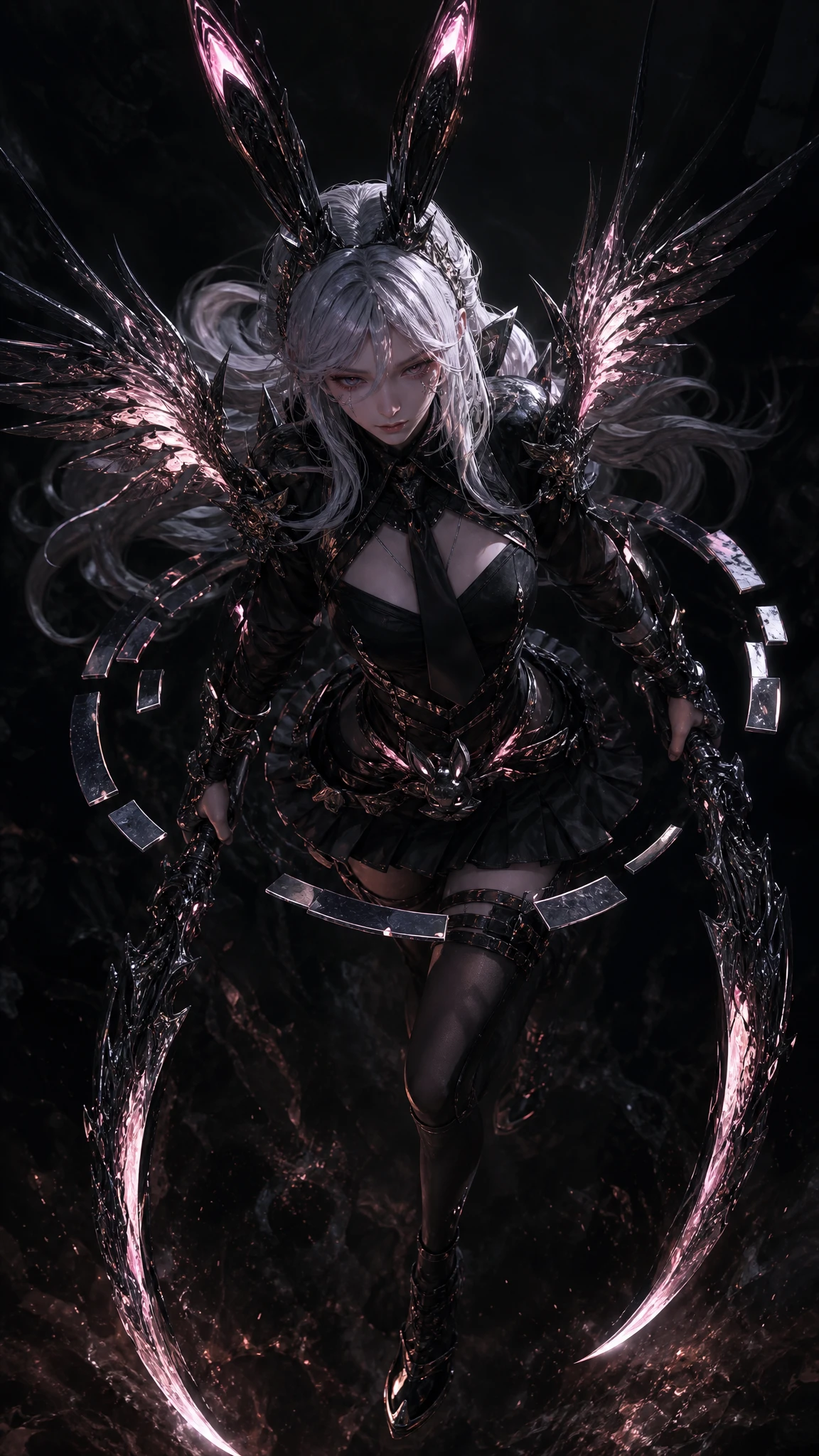 Cyberpunk woman with rabbit ears in mysterious darkness