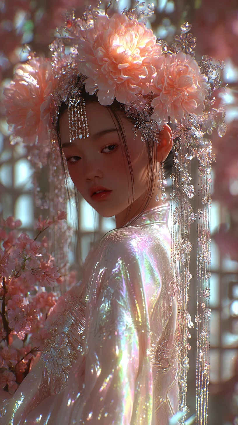 Elegante mujer de Asia Oriental con hanfu fluido y peonías