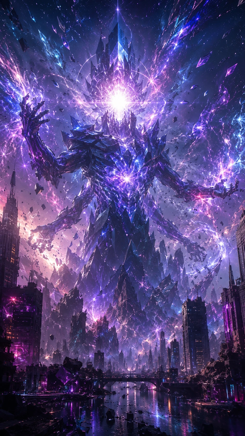 Colosal entidad cósmica sobre una metrópolis futurista de neón