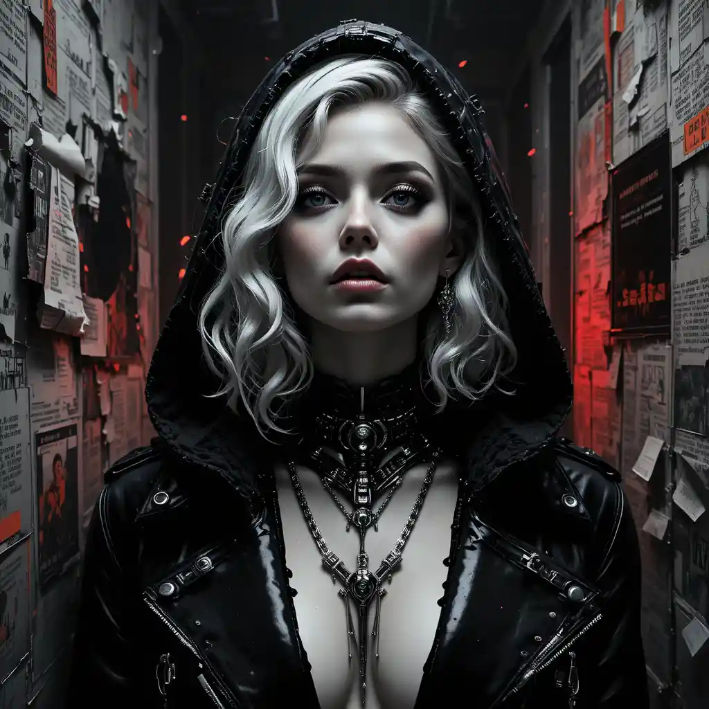 Surreal cyberpunk heroine portrait in monochrome glitch art