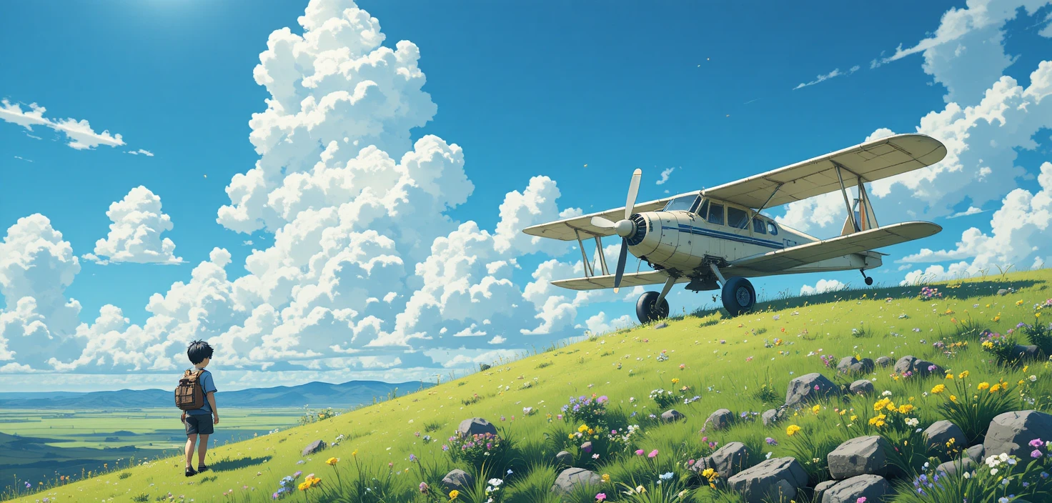 Anime hillside scene with child and old airplane