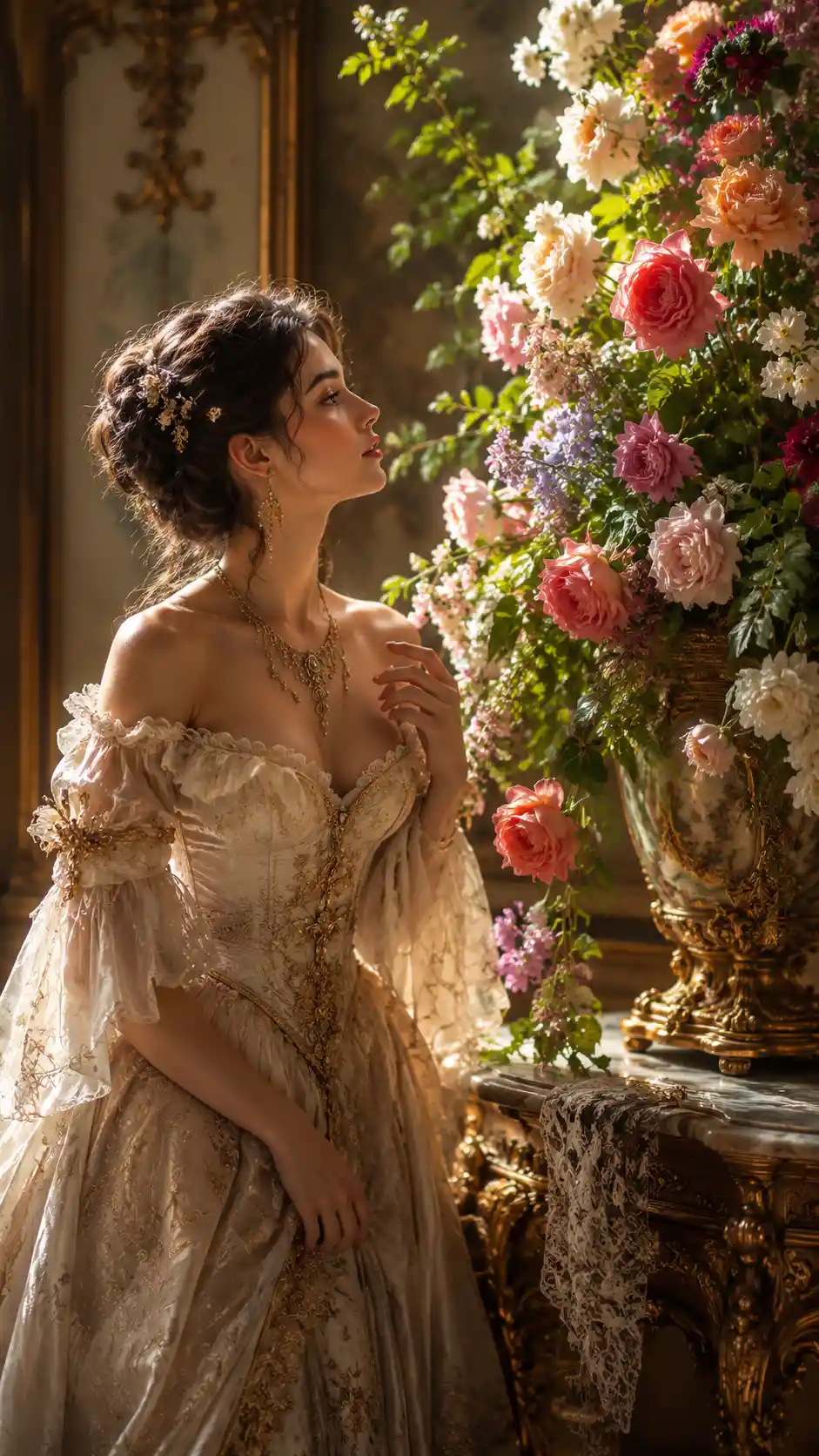 Barockdame bewundert ein üppiges Blumenarrangement