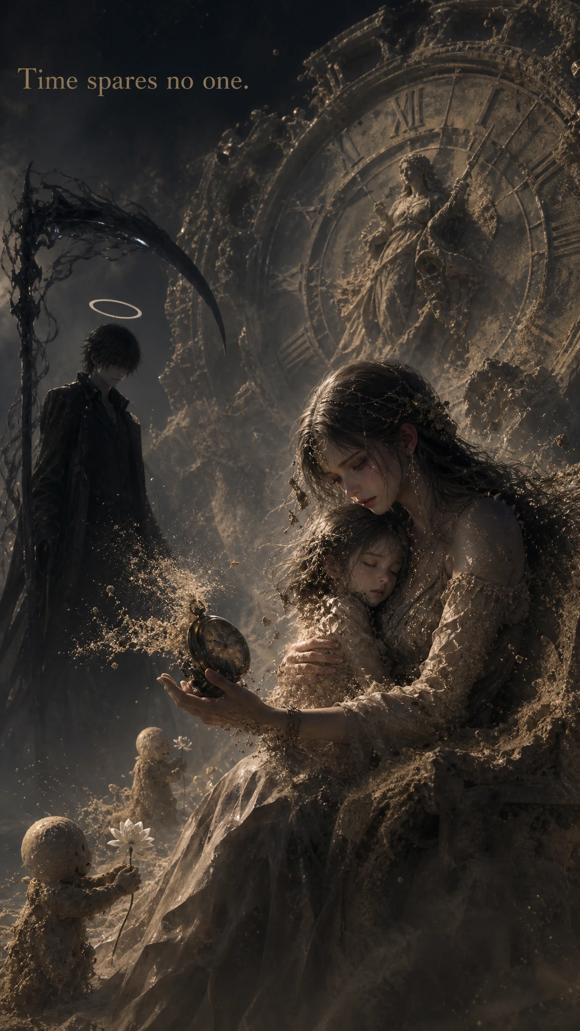 Mujer protegiendo a niña que se derrite junto a dragón de arena y tiempo