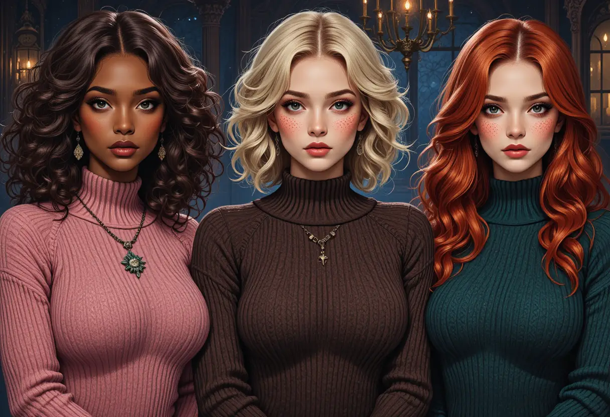 Tres mujeres glamurosas con suéteres de punto de noche