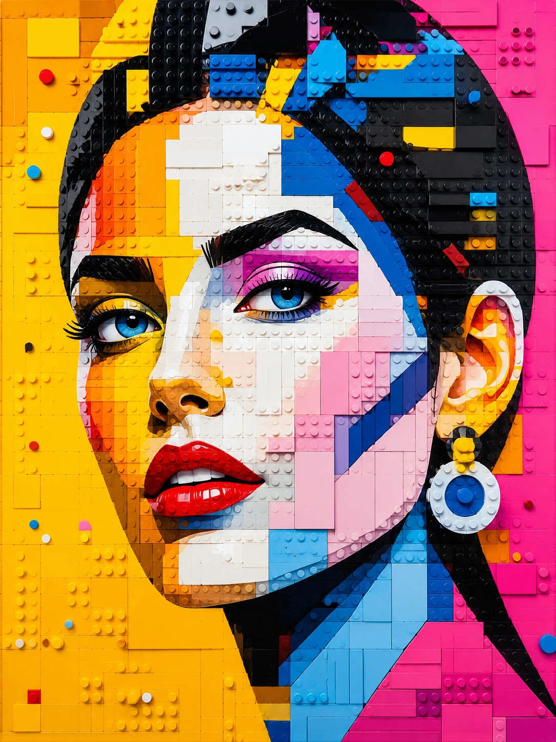 Retrato colorido en estilo Lego de una mujer hermosa