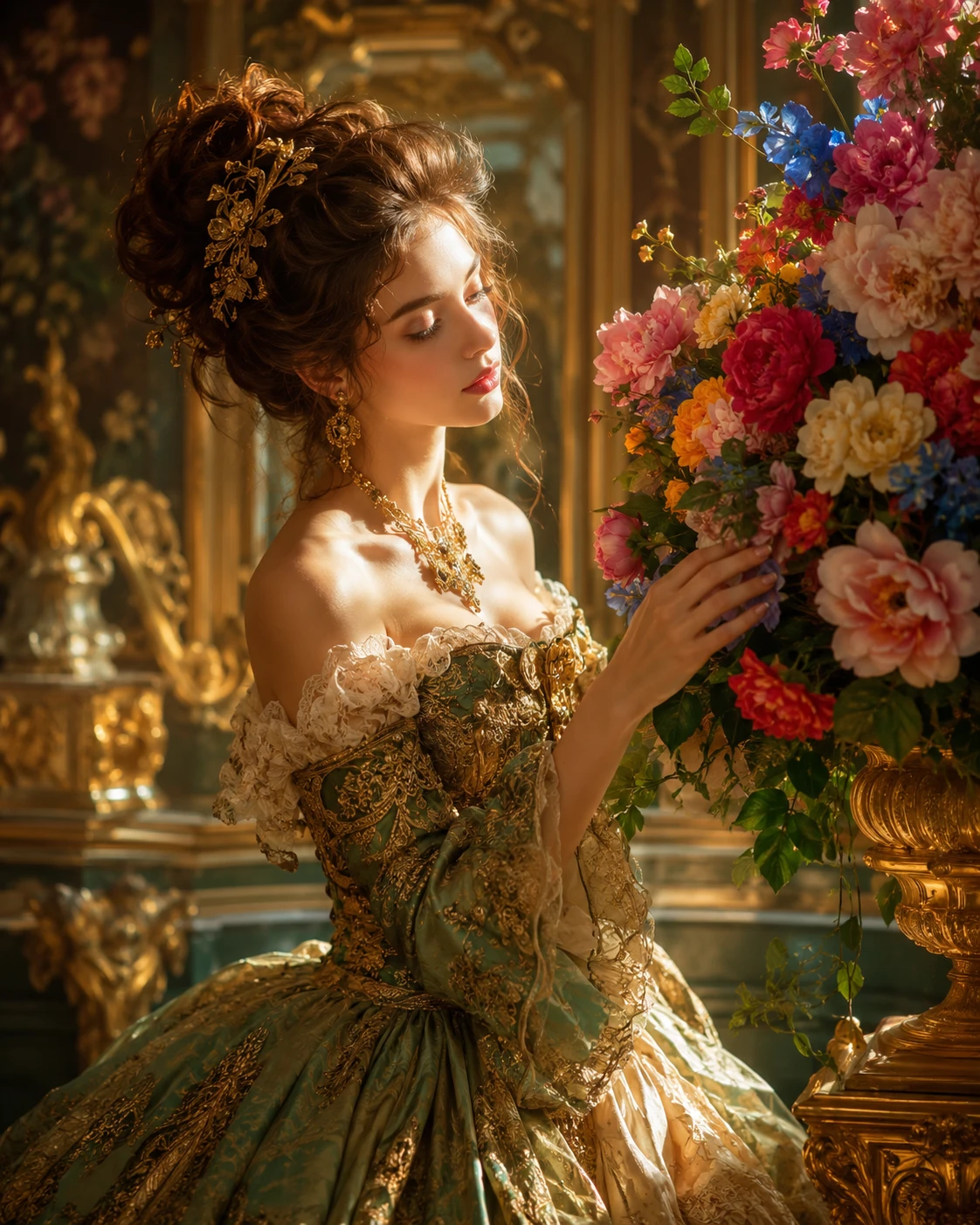 Dama barroca admirando un arreglo floral fantástico